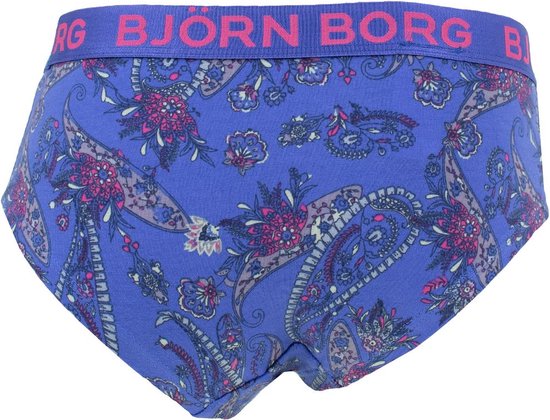 Blauwe hipster met paisley print en roze logo op de tailleband.