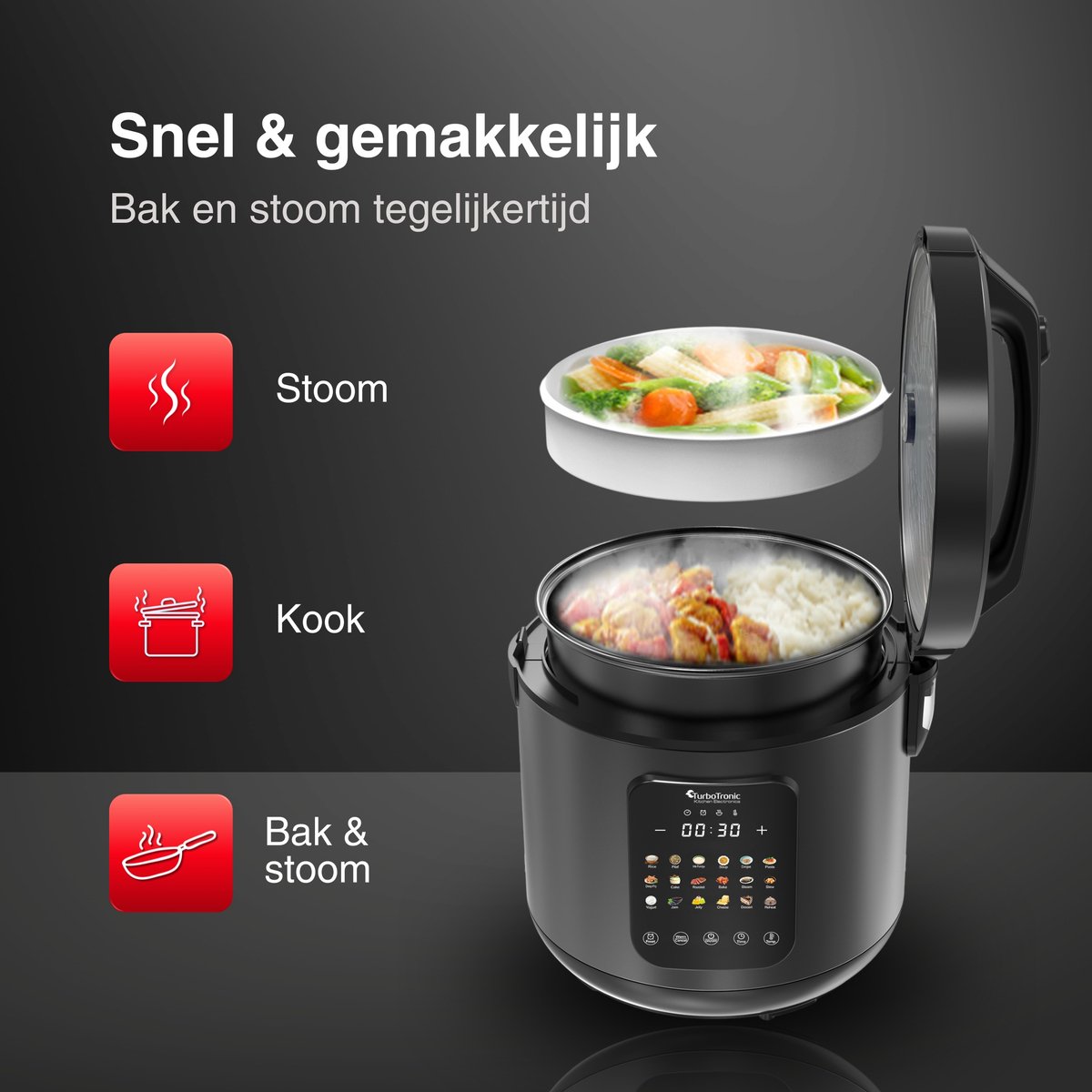 TurboTronic DMC18 Multicooker - Rijstkoker - Stoomkoker - RVS - Zwart thumbnail 5
