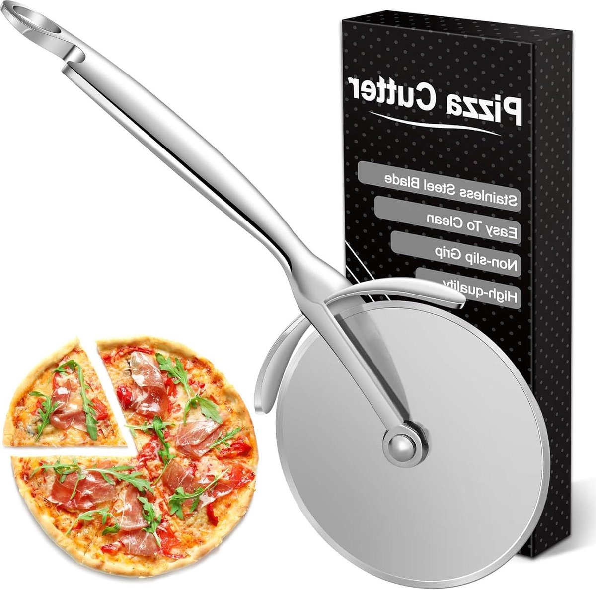 Premium pizzasnijder van roestvrij staal met scherp snijwiel - vaatwasmachinebestendig - kurkentrekker - geschikt voor pizza, cake, wafels en deegkoekjes
