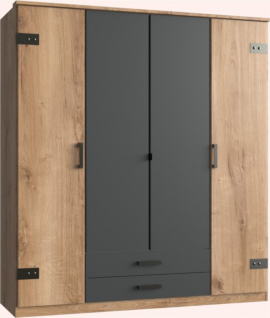 Kledingkast Stratum 180x199x55 cm (BxHxD) - Draaideur - 4 legplanken & 2 roedes - Slaapkamer - Industrieel