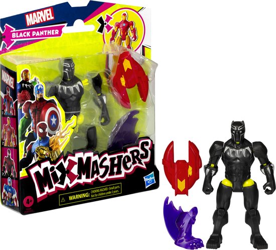 Black Panther Mix Mashers speelgoedfiguur in verpakking met accesoires: rode vleugel en paarse klauw.
