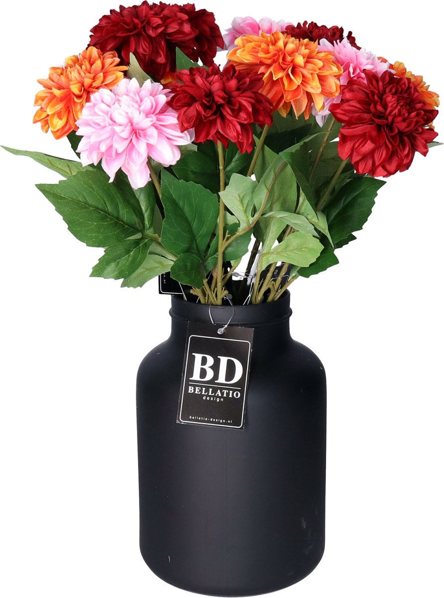Bellatio Design Kunstbloemen boeket Dahlia's - 12 stelen - 50 cm - kleurenmix - zijdebloemen Bordeaux rood