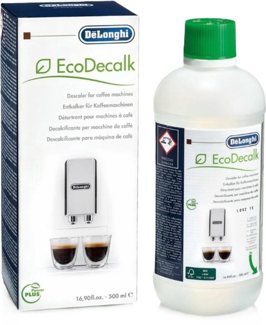 Doos en fles De'Longhi EcoDecalk ontkalker met afbeelding van koffiemachine en espresso.