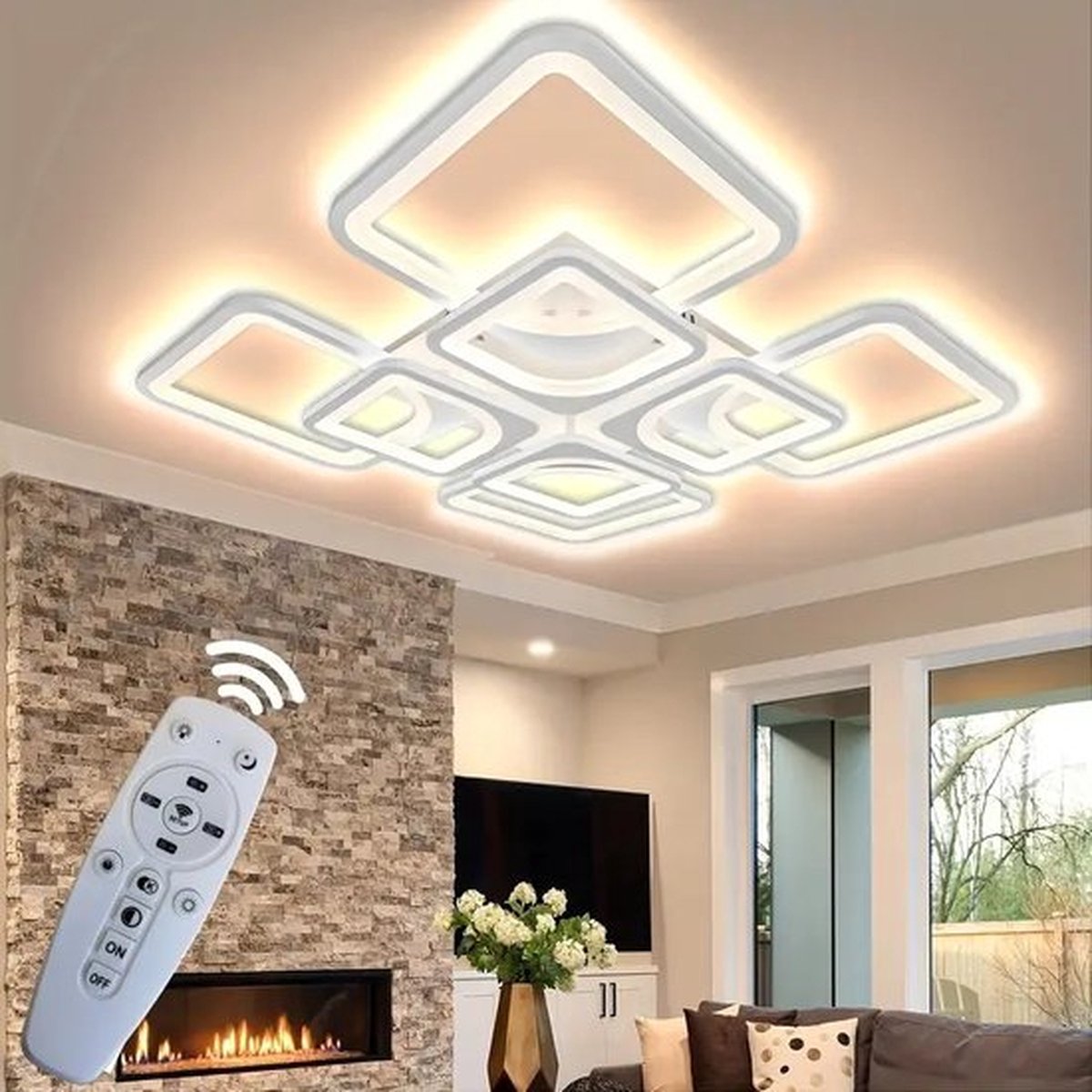 Mrs. Joness - LED Bluetooth 4x4 Kop Plafondlamp - Smart lamp - 60 cm - Wit - Afstandsbediening en APP - Woonkamer Lamp - Plafonniere