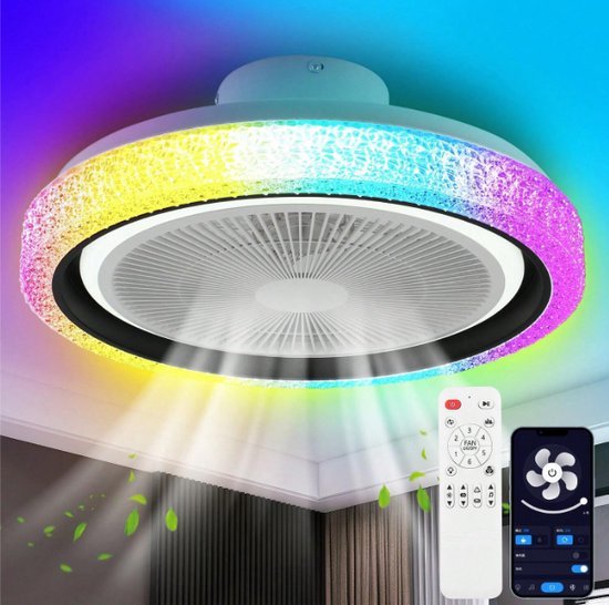 RGB plafondventilator lamp wit met speaker, dimbaar, 6 standen, afstandsbediening, LED, modern, keuken woonkamer