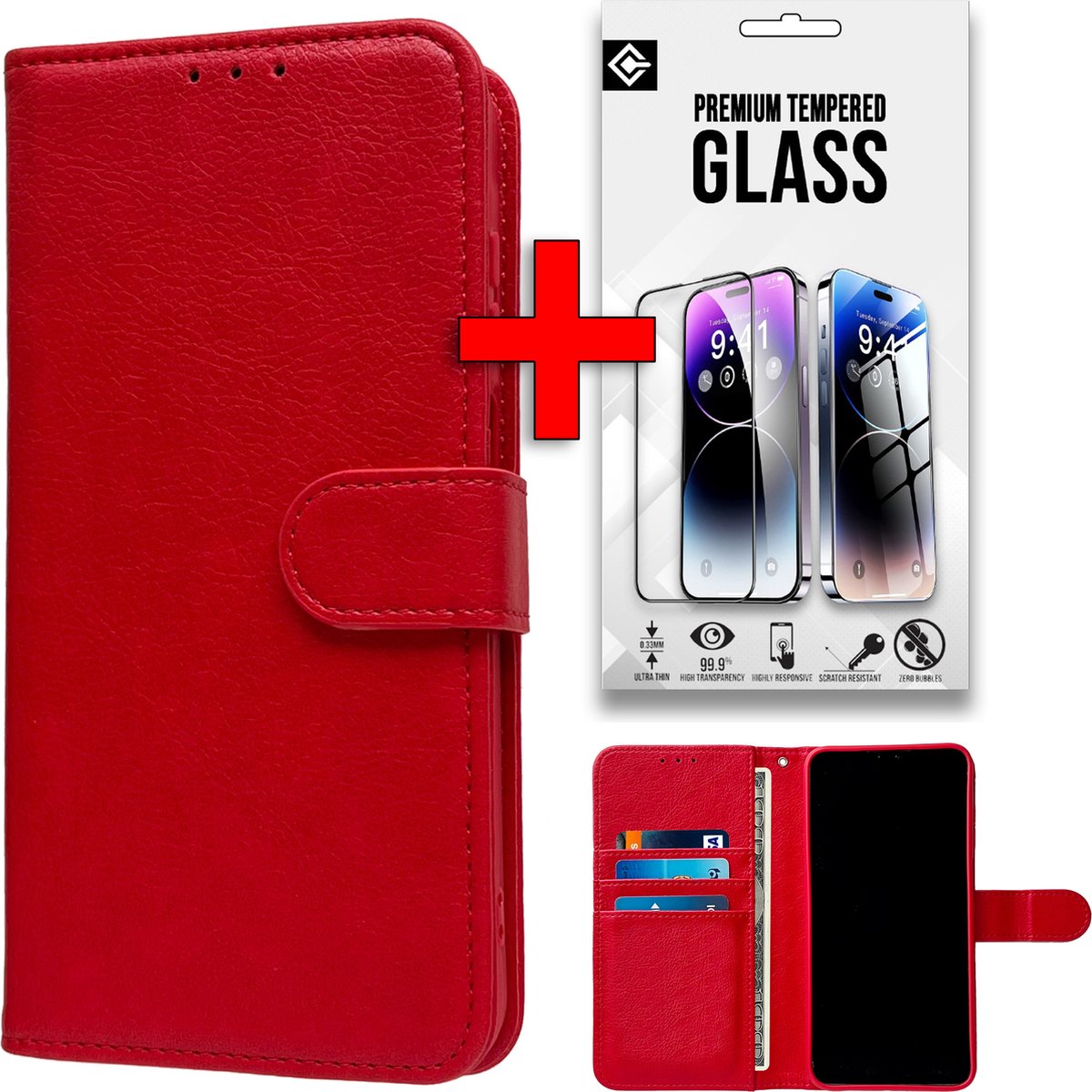 Casemania Hoesje + Glas Geschikt voor Samsung Galaxy S25 Plus - Rood - Portemonnee Book Case