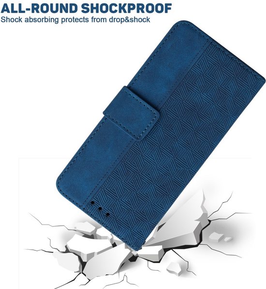 Blauw telefoonhoesje met geometrisch patroon en magnetische sluiting.
