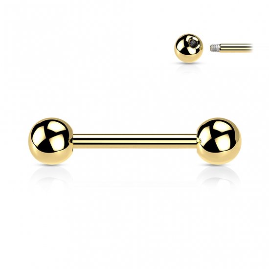 Gouden barbell piercing met aan beide zijden een bal. De piercing is van titanium.