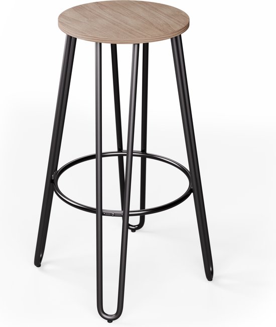 Un tabouret de bistrot rond avec une assise en bois et une structure en acier noir.