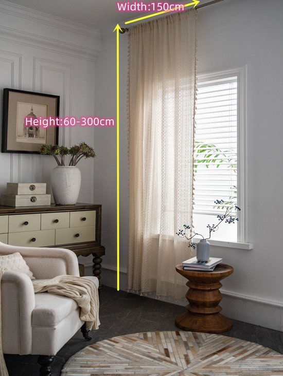 Boho Rideaux Crochets kanten Patchwork Semi-Occultant Bohème Glands Faits À La Main, Passe-Tige Fenêtre Traitement Vintage Rustique Ferme Rideaux Pour Salon Chambre, 1 Panneau 59"wx 86"l,150cmX220cm, Beige