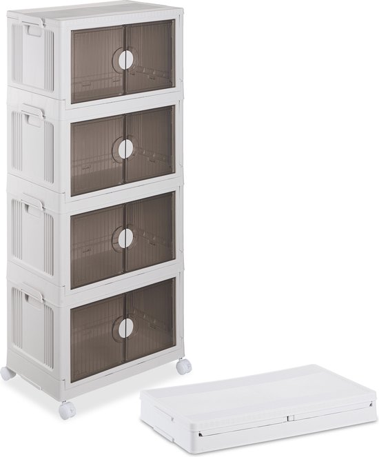 Relaxdays opbergbox, set van 4, stapelbaar, 50 l, met deksel, deurtjes & wielen, kunststof, opvouwbare opbergbak, wit