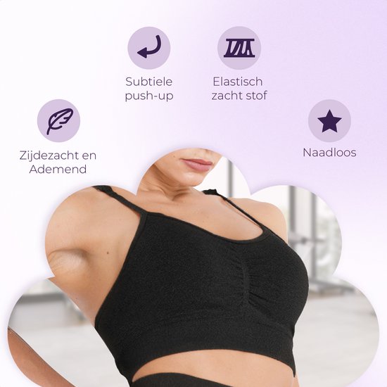 Zwarte sport BH met ruches: zijdezacht, ademend, subtiele push-up, elastisch en naadloos.