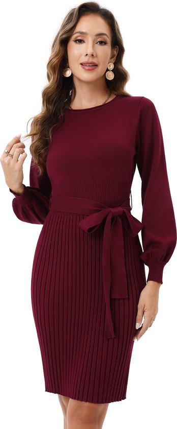 Gebreide jurk dames truijurk met lange mouwen casual winterjurk elegante tuniek truijurk met riem Kerst jurk Diep rood M