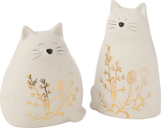J-Line décoration Chat Fleur Dessin - porcelaine - or/blanc - 2 pcs