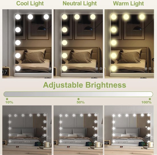 Ronde led-make-upspiegel voor kaptafel, verlichte tafelspiegel met aanraakbediening en 3 helderheidsniveaus, opladen via USB/AAA-batterij, 25,5 cm
