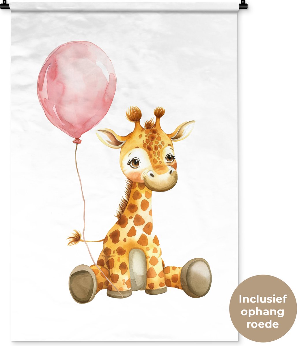 Wandkleed 90x135 cm - Wanddoek Giraf - Baby - Dieren - Roze ballon - Wandtapijt - Wandkleden