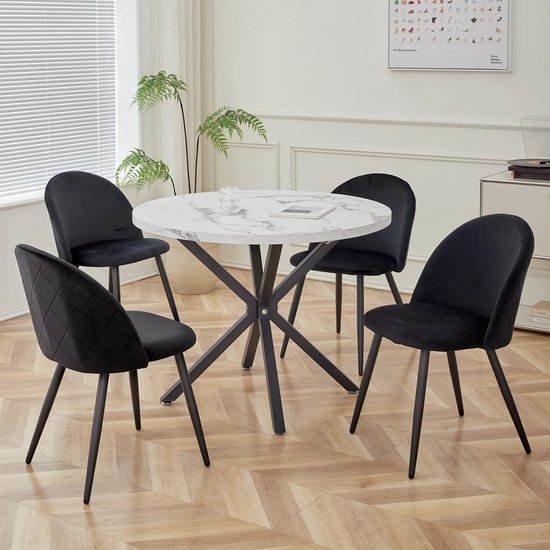 Set de 4 Chaises de salle à manger en velours – Chaises rembourrées pour salon et Cuisine – Design nordique Vintage avec Pieds en métal Zwart – Dossier confortable – Chaises basses – Zwart