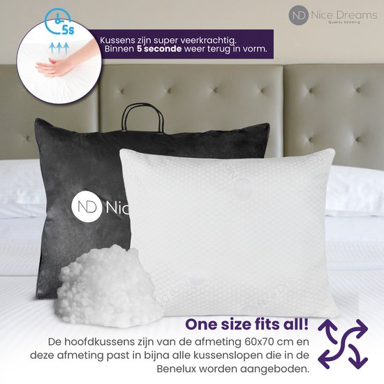 Wit kussen met hexagonaal patroon, naast een zwarte draagtas en bolletjes vulling. "Kussens zijn super veerkrachtig" en "One size fits all!" zijn zichtbaar.