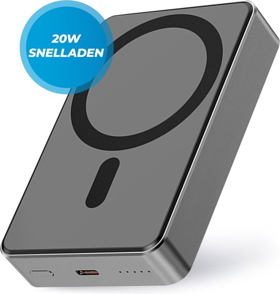 Draadloze Powerbank 10000mAh - 20W Snellader - Geschikt voor MagSafe - 1x USB C input en output - USB-C kabel en Magnetische ring meegeleverd - Powerbank klein - Powerbank lichtgewicht - Zwart