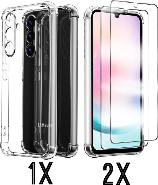 Casemania Hoesje & Glas Geschikt voor Samsung Galaxy A16 - Transparant - Anti Shock Back Cover & 2x Glazen Screenprotector