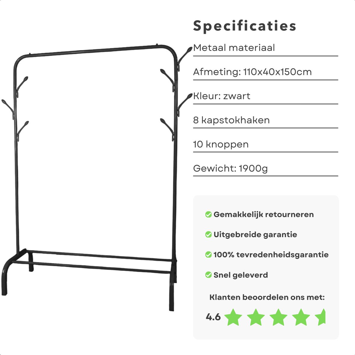 Garderoberek met Kapstok en Schoenenrek - Metalen Kledingrek - 110x40x150 cm - Zwart - Met Haken - Opbergruimte voor Schoenen - Inclusief EBOOK – foto 5