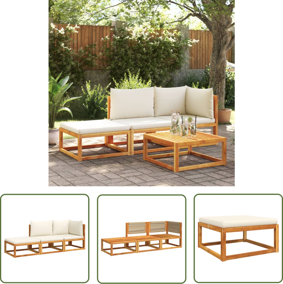 The Living Store Loungeset Acaciahout - Modulair - Met Comfortabele Kussens - Geschikt voor Binnen - Buiten - Beige - 65 x 65 cm Loungeset - Acacia Hout - Buitendecoratie - Tuinmeubels - Lounge Set - Comfy - Outdoor Furniture - Balkon Decoratie