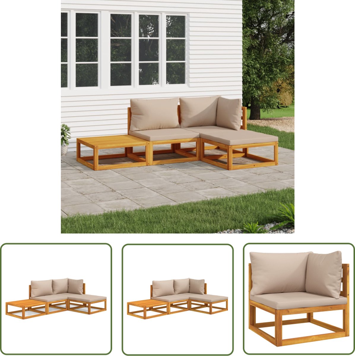 The Living Store 4-delige Loungeset met kussens massief hout taupe - Tuinbank - Hoekwoning - Acacia Hout - Lounge Set - Buitendecor