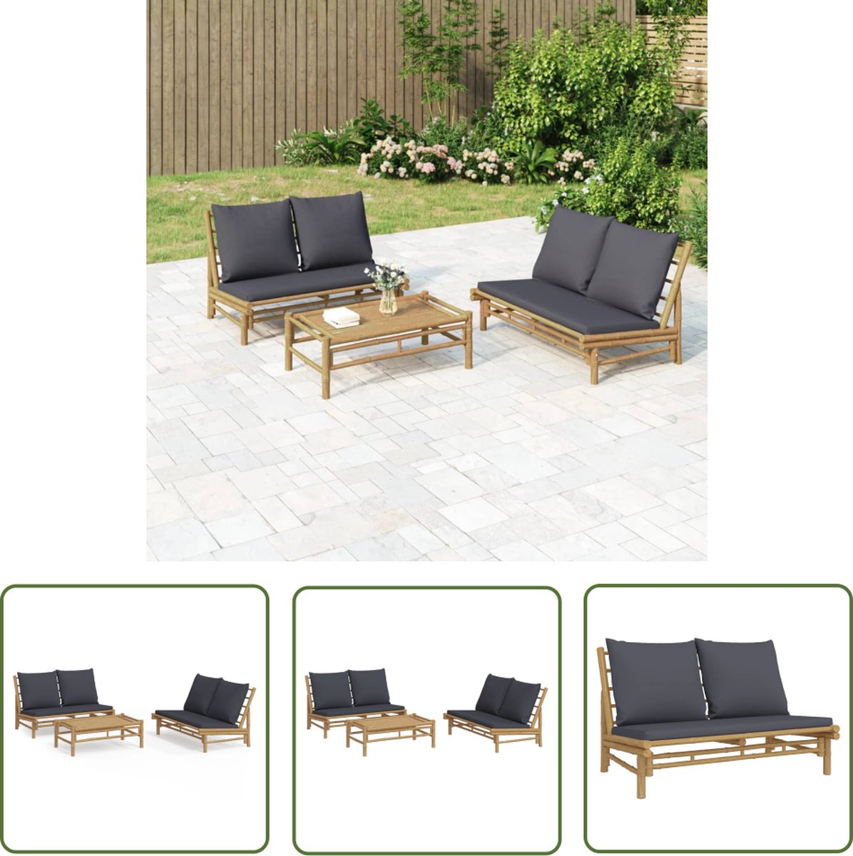 The Living Store 3-delige Loungeset met kussens bamboe donkergrijs - Tuinlounge - Lounge Set - Bamboemeubel - Buisbank - Tuinset