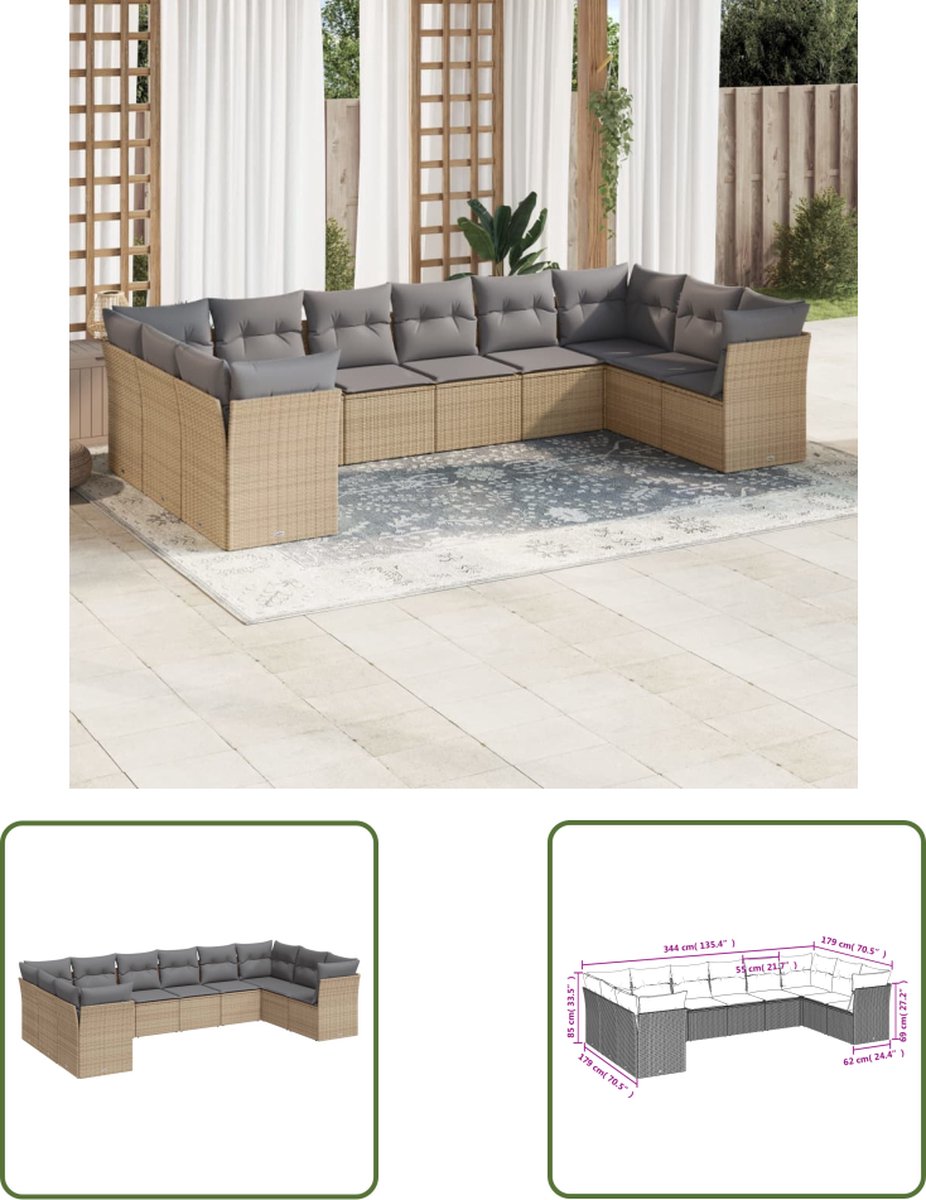 The Living Store 10-delige Loungeset met kussens poly rattan beige - Tuin Lounge Set - Loungebank - Tuinset - Buis Meubel - PE Rattan