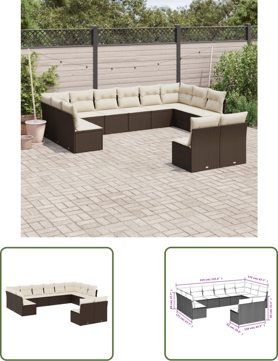The Living Store 12-delige Loungeset met kussens poly rattan bruin - Loungeset - Tuinset - Tuinmeubels - Lounge Set - Pe Rattan