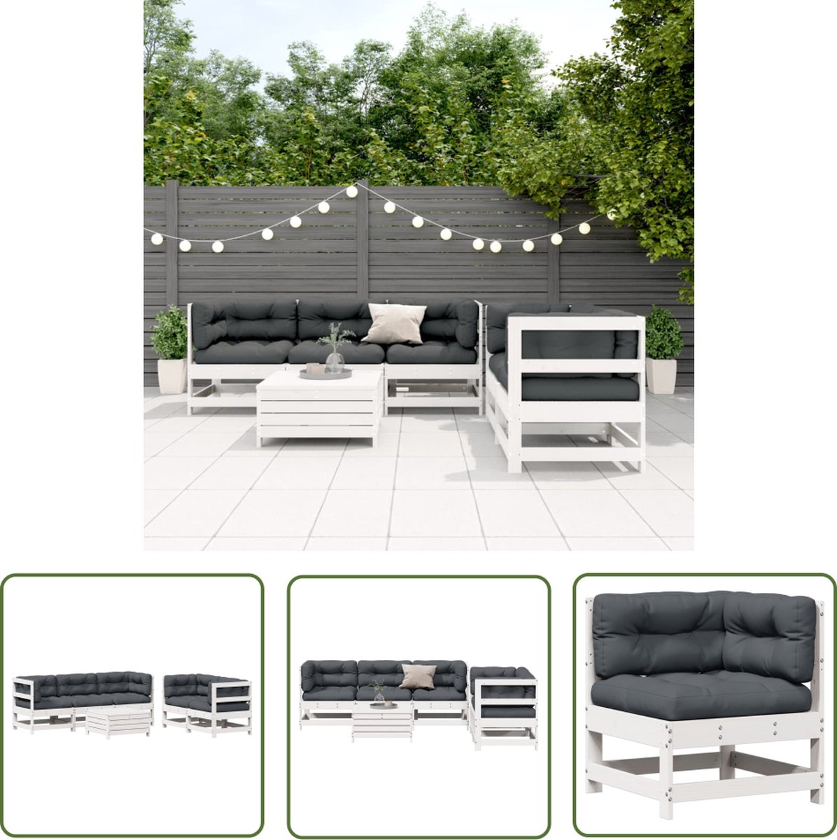 The Living Store 6-delige Loungeset met kussens massief grenenhout wit - Loungeset - Tuinmeubels - Lounge Stoel - Teak Hout - Buitendecoratie