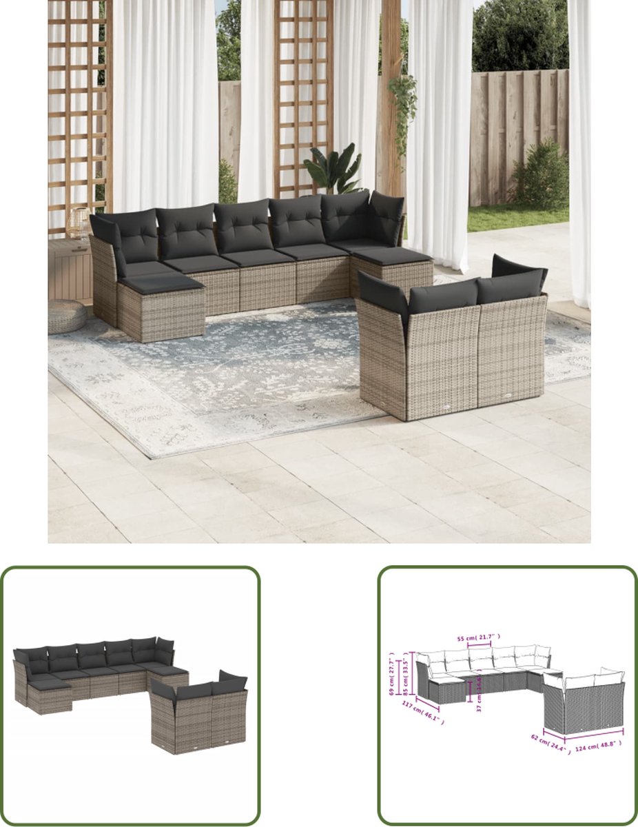 The Living Store 9-delige Loungeset met kussens poly rattan grijs - Loungeset - Lounge Set - Tuinlounge - Buitentijnen - Outdoor Furniture