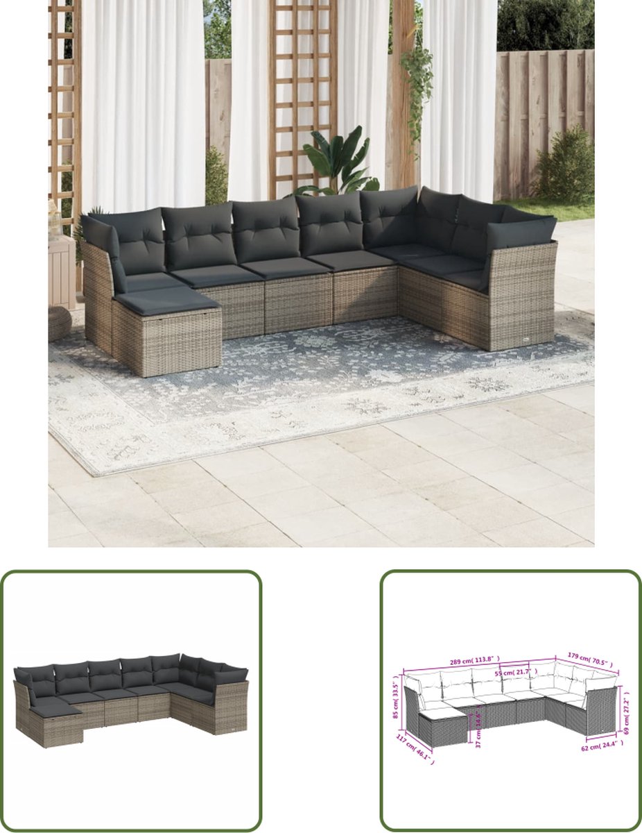 The Living Store 8-delige Loungeset met kussens poly rattan grijs - Loungeset - Lounge Set - Buitendecoratie - Tuinmeubels - Loungebank