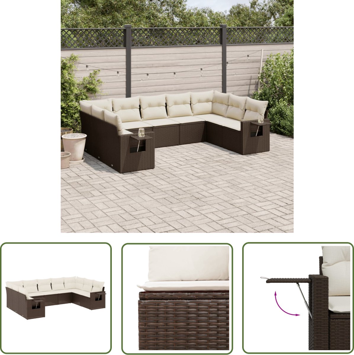 The Living Store 9-delige Loungeset met kussens poly rattan bruin - Loungebank - Lounge Set - Tuinset - Buitendecoratie - Outdoor Furniture