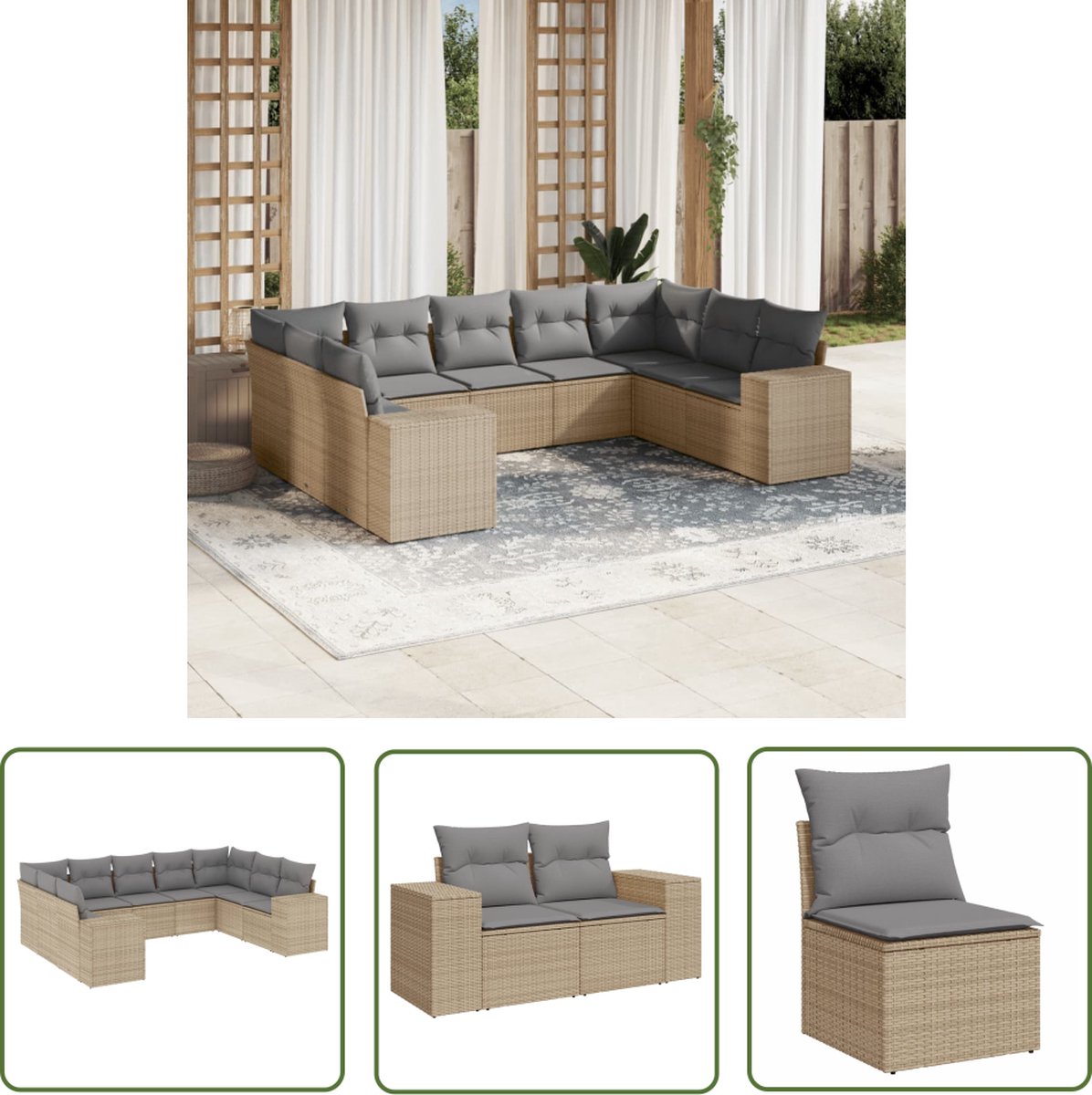 The Living Store 9-delige Loungeset met kussens poly rattan beige - Loungeset - Lounge Set - Tuinset - Buitendecoratie - Tuinmeubels