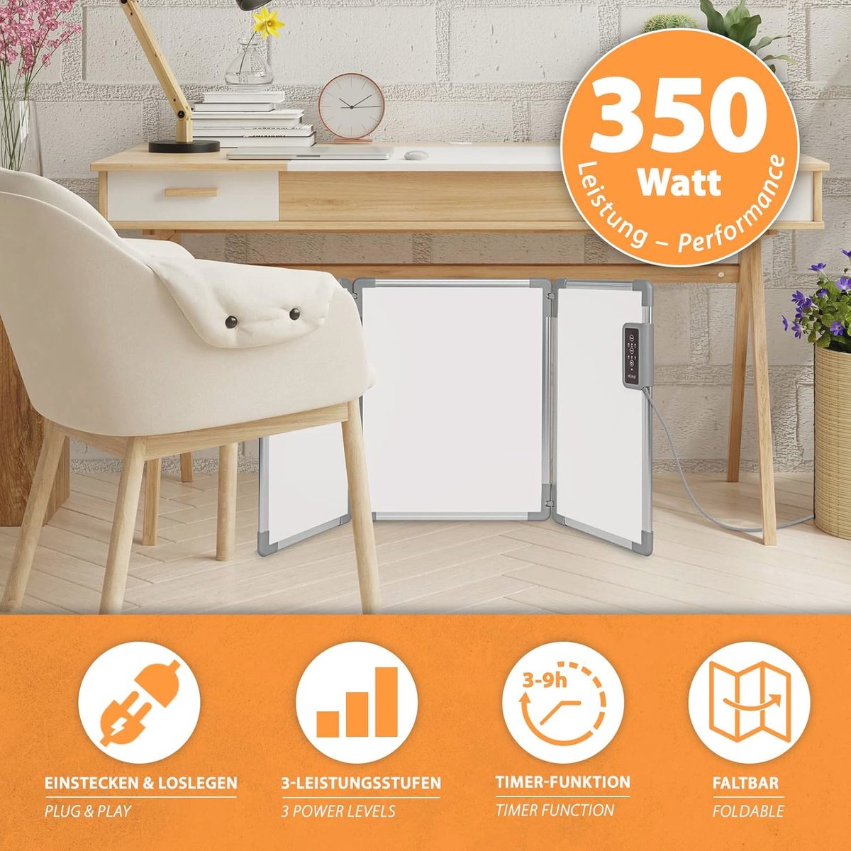 Infrarood paneel - Bureau verwarming – Verwarmingspaneel - Elektrische kachel – Mobiele Infraroodverwamer – Heater – Kachel – 53 x 108 cm – 350W – 3 Warmtestanden – foto 4
