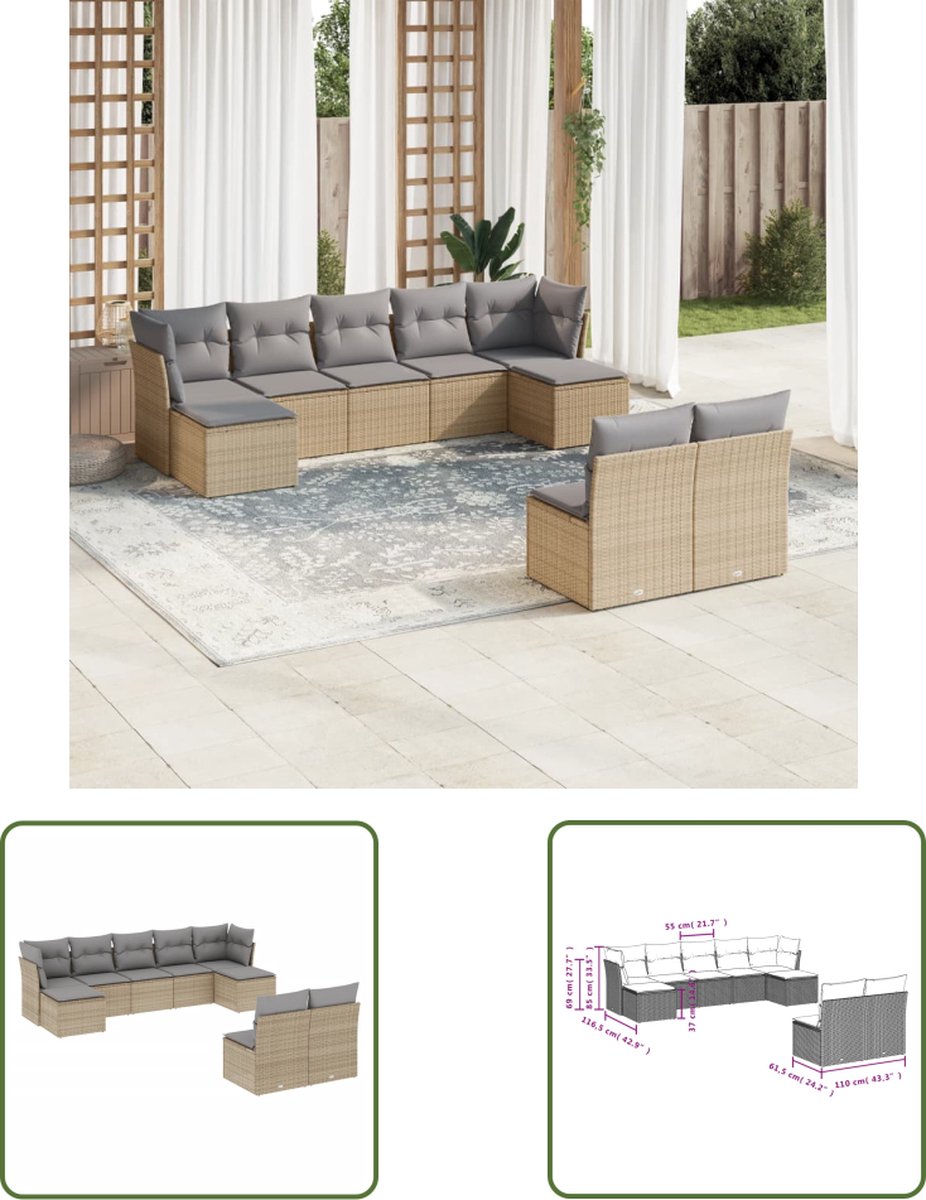 Loungeset van poly rattan in beige met kussens - Buitendecoratie - Tuinmeubels