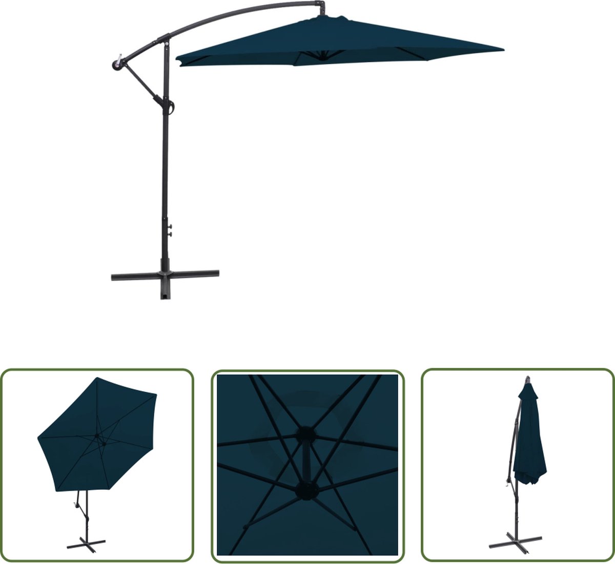 Zweefparasol in blauw, 3 meter doorsnede met ventilator.