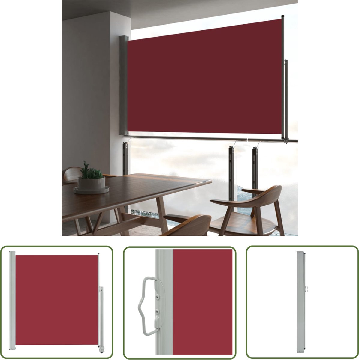 Expandable red side screen for outdoor privacy. Dimensions 140x300 cm. Perfect for parasols and wind protection.