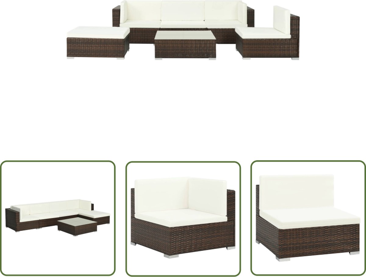 The Living Store 6-delige Loungeset met kussens poly rattan bruin - Loungeset - Tuinset - Buitenkamer - Lounge Meubilair - Ratan Meubels