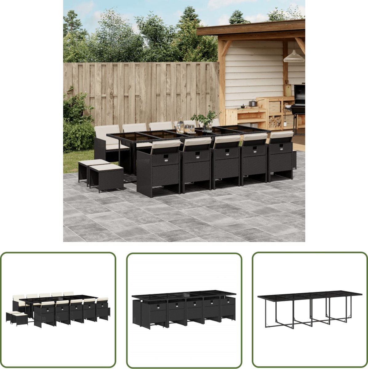 The Living Store 15-delige Tuinset met kussens poly rattan zwart - Tuinset - Poly Rattan - Zwarte Tuinset - Buitentafel - Eetkamerset