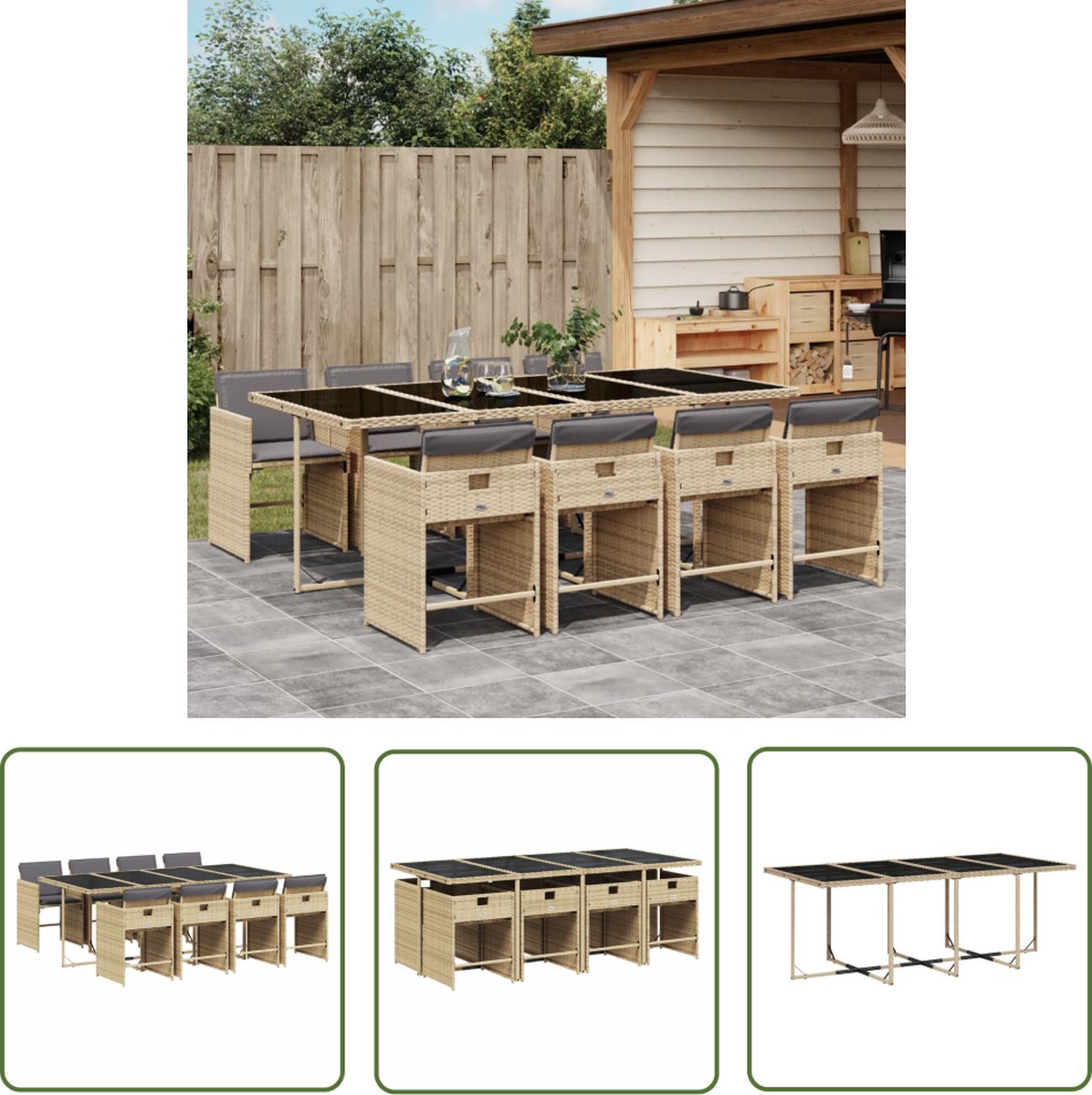 Tuinset met beige kussens, poly rattan, loungeset voor buiten.