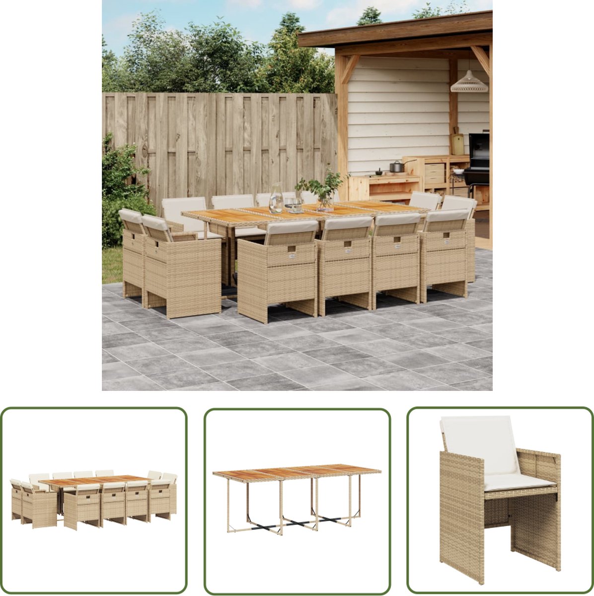 The Living Store 13-delige Tuinset met kussens poly rattan beige - Tuinmeubles - Tuinset - Eetkamerset - Buitendecoratie - Patio Set