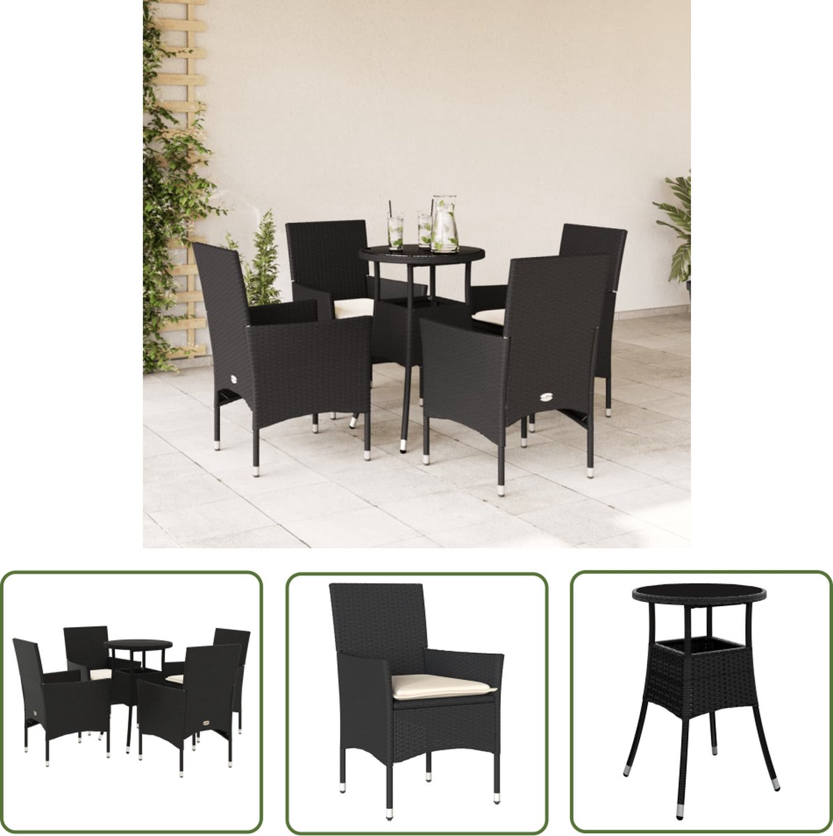 The Living Store 5-delige Tuinset met kussens poly rattan en glas zwart - Tuinset - Buitenkamer - Lounge Set - Eetkamerset - Bistro Set