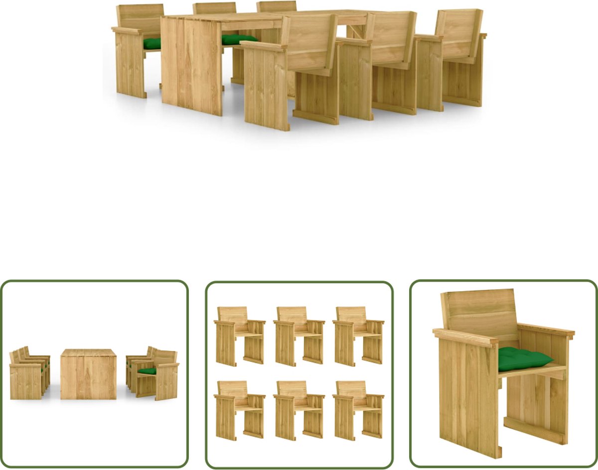The Living Store 7-delige Tuinset met kussens geïmpregneerd grenenhout - Tuinbank - Buitentafel - Houten Bank - Lounge Set - Tuinset