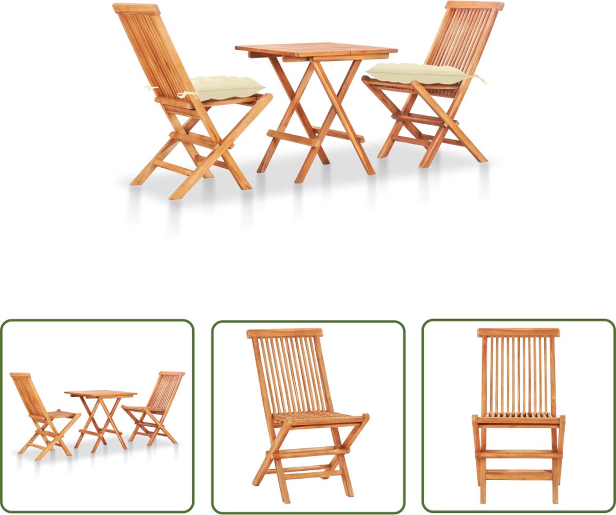 The Living Store 3-delige Bistroset met crèmewitte kussens massief teakhout - Tuinmeubles - Bistroset - Teak Hout - Buitentijd - Tuincentrum