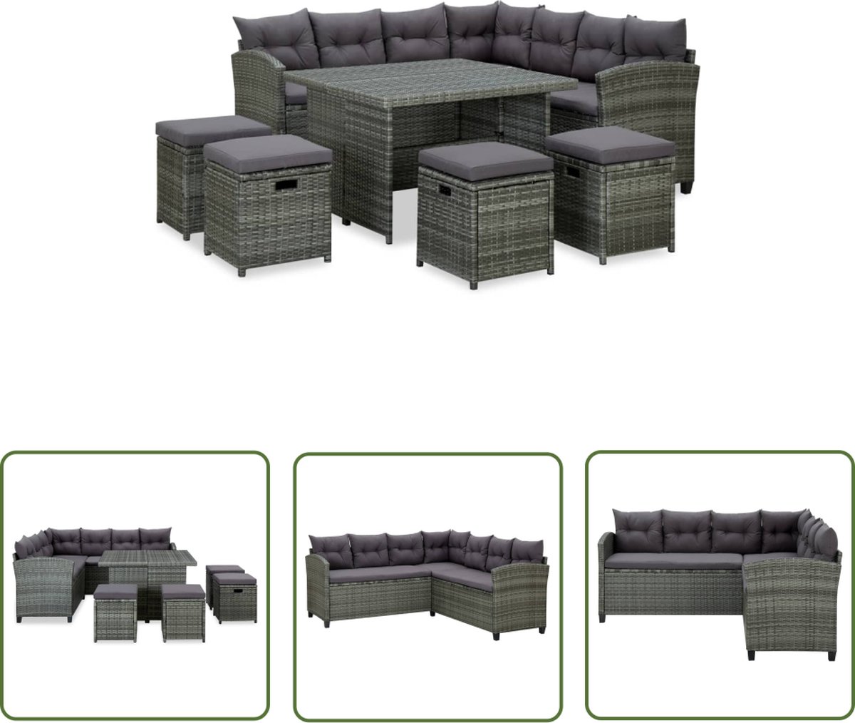 Moderne grijze poly rattan loungeset met kussens voor buiten.