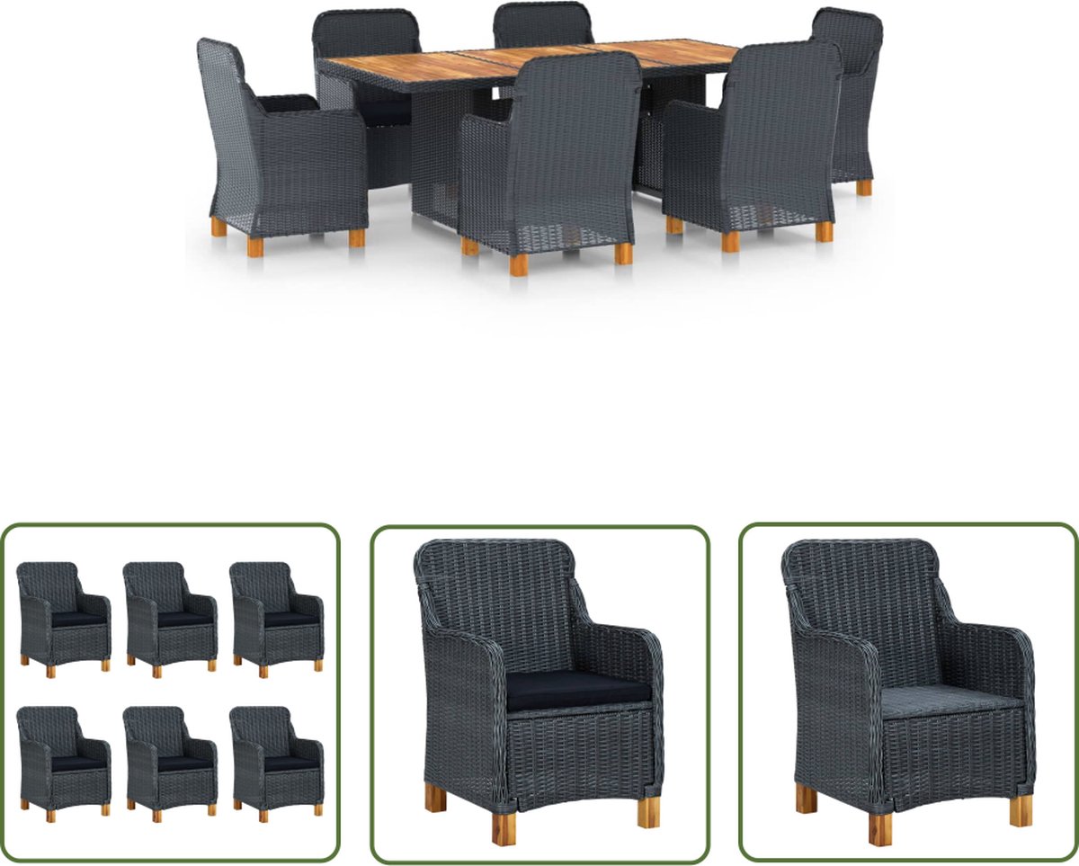 The Living Store 7-delige Tuinset met kussens poly rattan donkergrijs - Eetkamerstoel - Acacia Hout - Buitentijd - Lounge Set - Terrassen Meubels