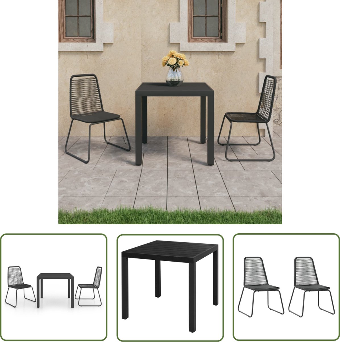 The Living Store 3-delige Tuinset PVC-rattan zwart - Tuinmeubleset - Buitenmeubels - Eetkamerset - Pvc Ratan - Aluminium
