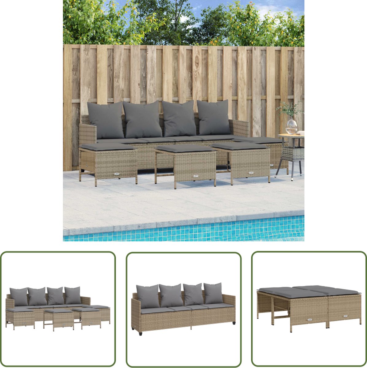 The Living Store 5-delige Loungeset met kussens poly rattan beige - Loungeset - Tuinset - Lounge - Buitendecoratie - Relaxen